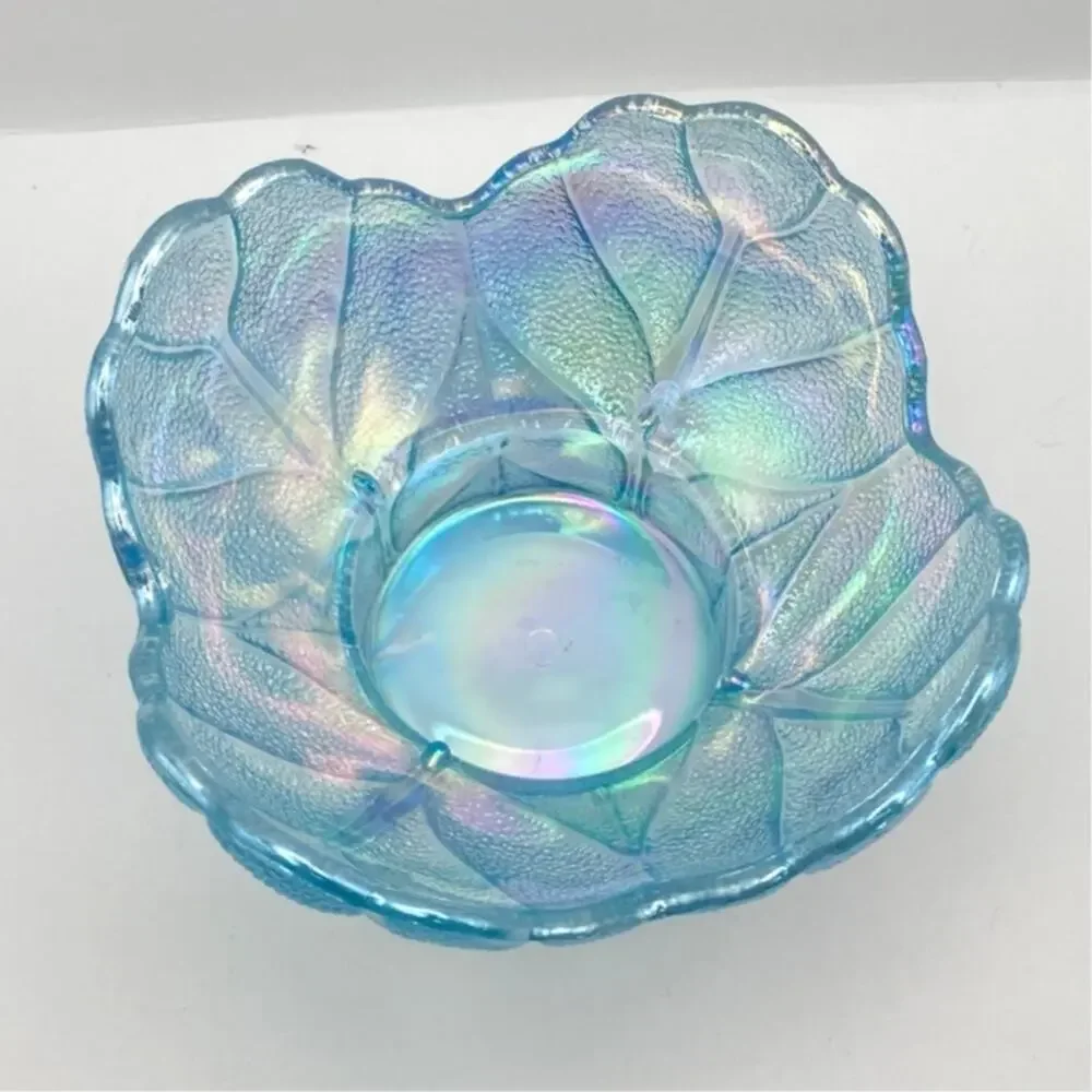 VTG LE Smith Iridescent Carnival Glass Candle Holder - Candy Bowl - Cabbage Leaf